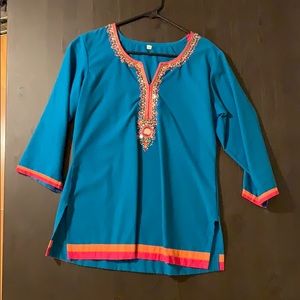 Beaded tunic from India, turquoise orange & pink